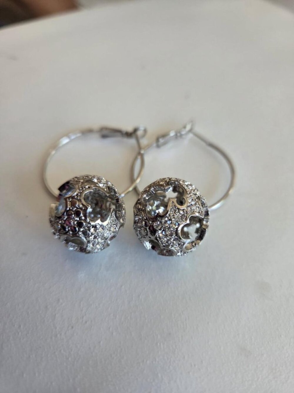 TOUS Silver Tone Hoop Earrings Openwork Ball Charms Rhinestones Dangle Women's